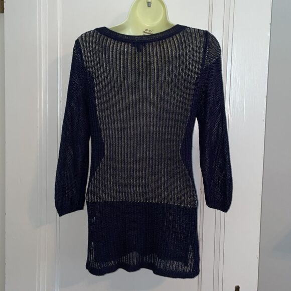 Talbots navy blue loose weave long sweater with 3/4 sleeves - Picture 6 of 8